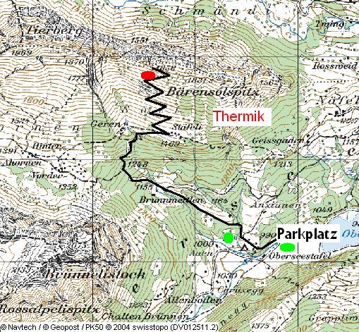 Karte mit dem etwas m�hsamen Weg ab Parkplatz hoch zum B�rensolspitz.
rot=Startplatz
gr�n=m�gliche Landepl�tze
