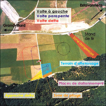 Landung auf dem Klubgel�nde (750m). Linksvolte obligatorisch bei Talwind. Rechtsvolte bei Bergwind ! 
Unbedingt den Schiessstand meiden. 200m n�rdlich vom Landeplatz.