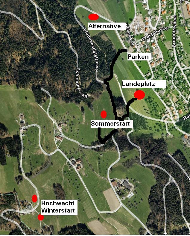Lageplan
parken im Sommer: in der Regel in der Querstrasse
im Winter auch bei der Hochwacht
Landen: gem�hte Wiese oder Fussweg