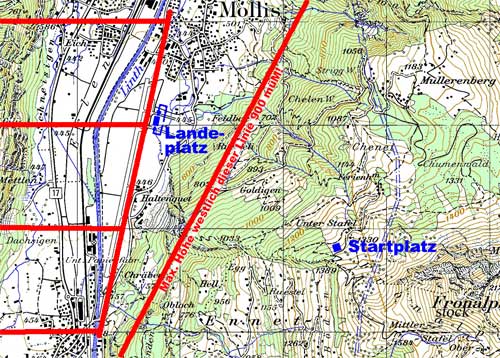 Kartenausschnitt mit Start- und Landeplatz und der 900m Zone. Diese ist STRIKTE einzuhalten!
(C)GKG