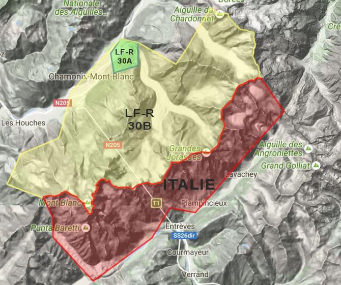 Flugverbotszonen am Mt.Blanc (2016): Starten, Landen und Überflug!
> Frankreich:
- LF-R30A: permanent!
- LF-R30B: July-August
> Italien: 4.8. - 15.9.2016

© parapente.ffvl.fr