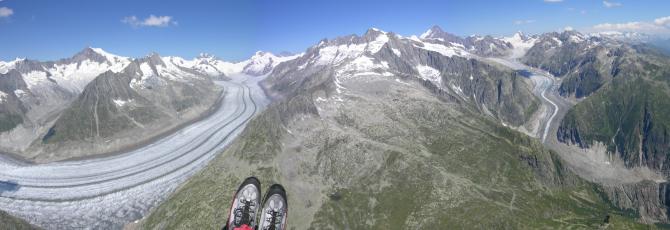 Am Eggishorn; Panorama Ritg Nord: lk: Aletschgletscher/ rt: Fieschergletscher