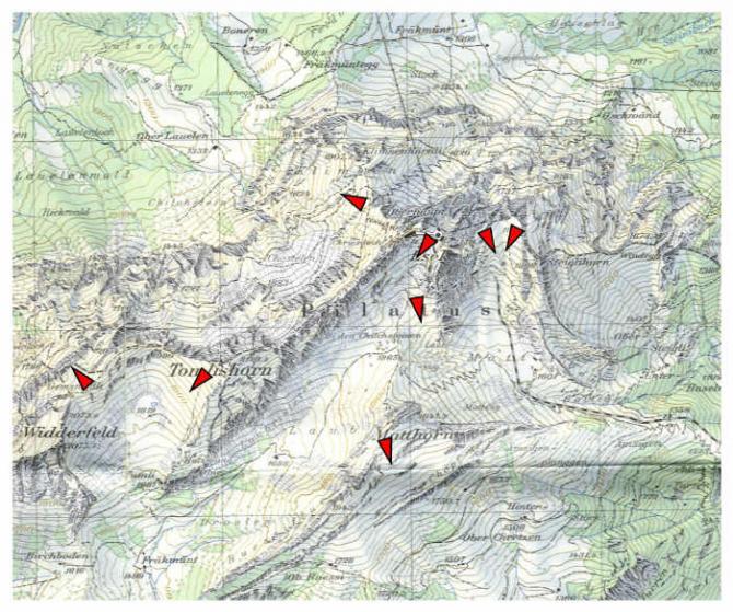 Hier die Startplätze in der Übersicht. Wer auf dem Pilatus fliegt, der benötigt die Karte der Landestopografie 1:25000, Blatt Alpnach 1170