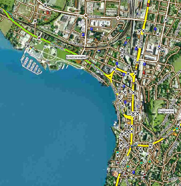 Übersicht der zwei anspruchsvolleren Landeplätze "Schützenmatte" und "Guggiwiese" in der Stadt Zug.