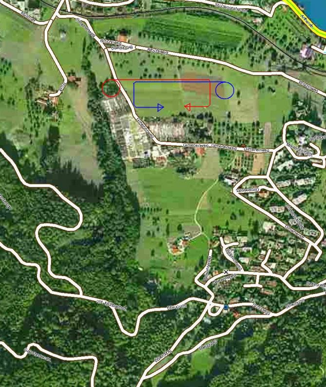 Der Haupt-Landeplatz in Oberwil ist in der logischen Flugrichtung und von weitem gut sichtbar, da direkt hinter der auffälligen Gärtnerei gelegen. Siehe eingezeichnete Landevolte!