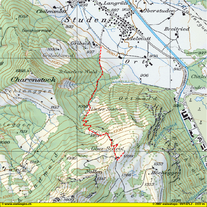 Wanderweg von Studen (Landeplatz) richtung Schrot (Startplatz) (rot)