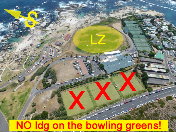 Situation am Landeplatz. Absolut KEINE Landungen auf den Bowling Greens! - die LZ ist gross genug...