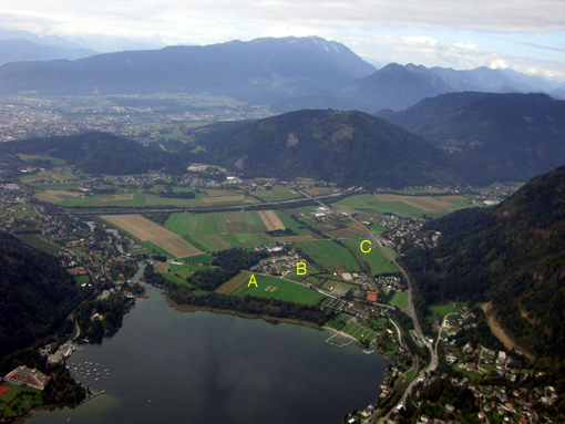 Anflug auf Landeplätze in Annenheim: A=Flugschule, B=Club, C=Tandem fly4you