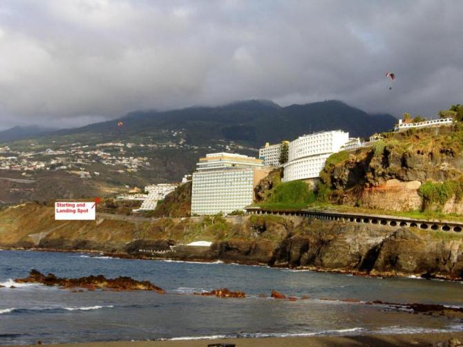 Abendliches Küstensoaren in der Bucht von Puerto Cruz. Der Start- und Landeplatz, den die Einheimischen benützen ist farbig markiert