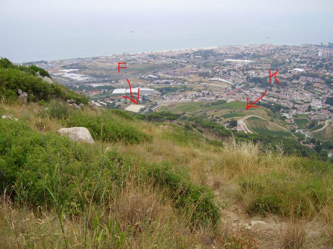 "Landeplätze" vom Startplatz aus gesehen ("F" = Fußballfeld "K" = Kirchplatz)