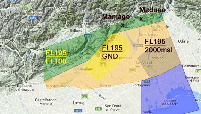 Luftraum (CTR Aviano)

Zone 5 grün FL 100/195
Zone 1 gelb = Flugplatz
Zone 2 grau

FL 100 = 2950 müM
Genauere Karte dazu
siehe Link im Infoteil

2000msl = 2000ft amsl (= 609müM)

©www.vololiberoscaligero.org