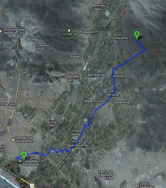 Anfahrt von der archäologischen Stätte aus (diese ist von Lima in Richtung Süden gut ausgeschildert).