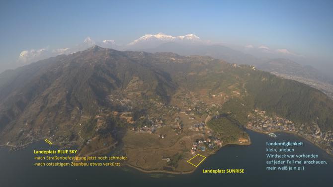 Sarangkot, Landeplätze 
am Phewa Lake,
-ohne westlichere Landefelder 
'Paranova' und 'End of Lake'-