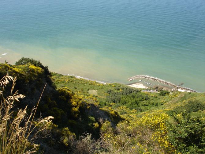 Blick auf den Landeplatz (vom Startplatz aus). Der Kreis im mannshohen Schilf ist der Landeplatz (bei mir war er schlammig - hatte vorher heftig geregnet). Der Strand kann am Wochenende sehr voll  sein.
