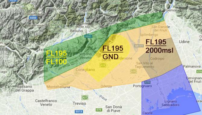 CTR Aviano

Zone 5 grün FL 100/195
Zone 1 gelb = Flugplatz
Zone 2 grau

FL 100 = 2950 müM
Genauere Karte dazu
siehe Link im Infoteil

2000msl = 2000ft amsl (= 609müM)

©www.vololiberoscaligero.org