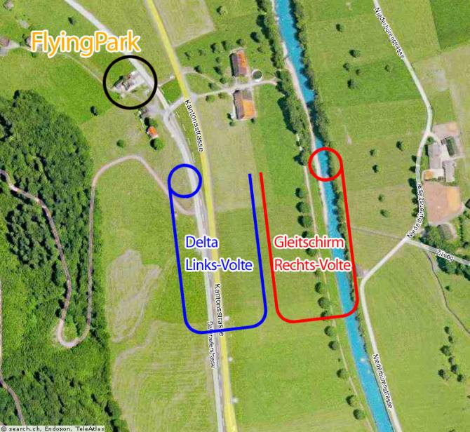 Übersicht mit Anflugskizze für Flying Park. Achtung Landeprocedere unbedingt genauestens befolgen, nicht höher als 150 Meter über dem landeplatz fliegen.