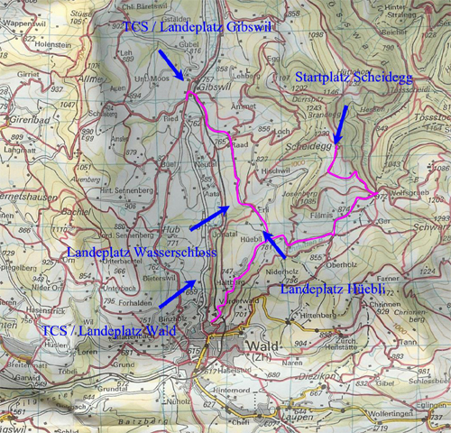 Übersichtskarte mit sämtlichen Landeplätzen, die auch direkt von der Alp Scheidegg angeflogen werden können.

© www.dczo.ch)