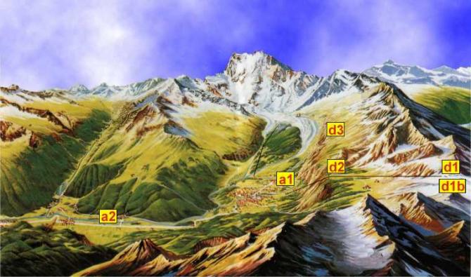 Übersicht)(©www.parapendiomacugnaga.it)
d1 -Passo del Monte Moro
d1 bis -Passo del Monte Moro
d2 -Alpe Bill
d3 -Roffelstaffel
d4Provacci
m1 Capanna Margherita/ Pta Gnifetti (4554m)
a1 -Pecatto/ prato del Miger
a2 -Isella
a3 -Vanzone/ Albarina