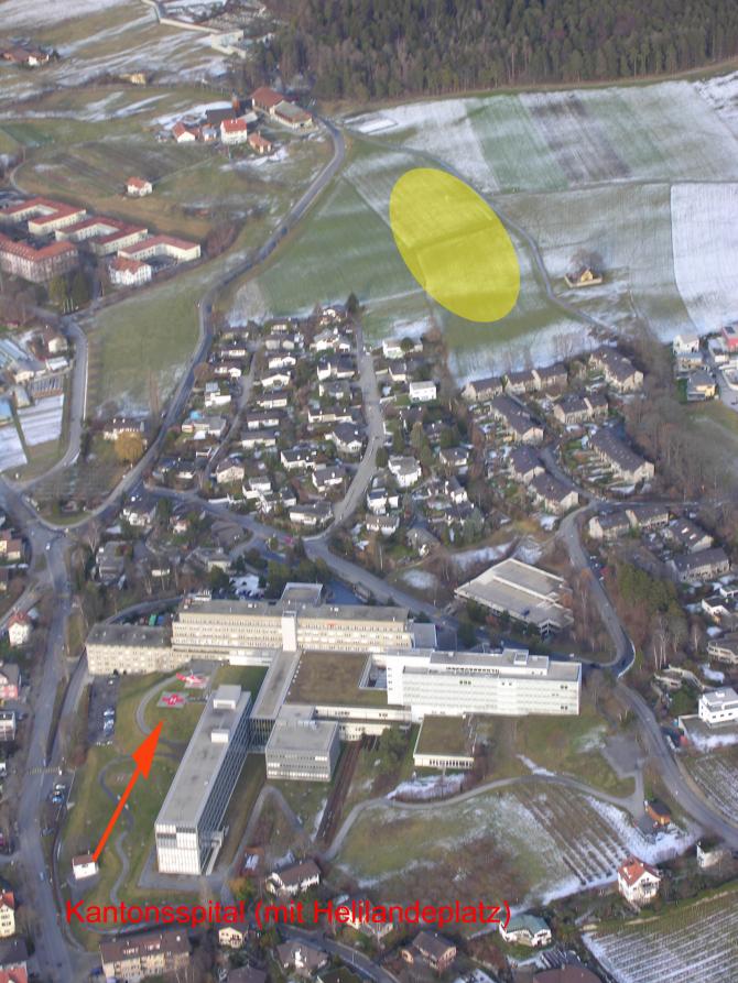 Chur - Spitäler.
Bitte den Stand der Vegetation auf den Feldern beachten und den Landeplatz ggf anpassen - Danke!