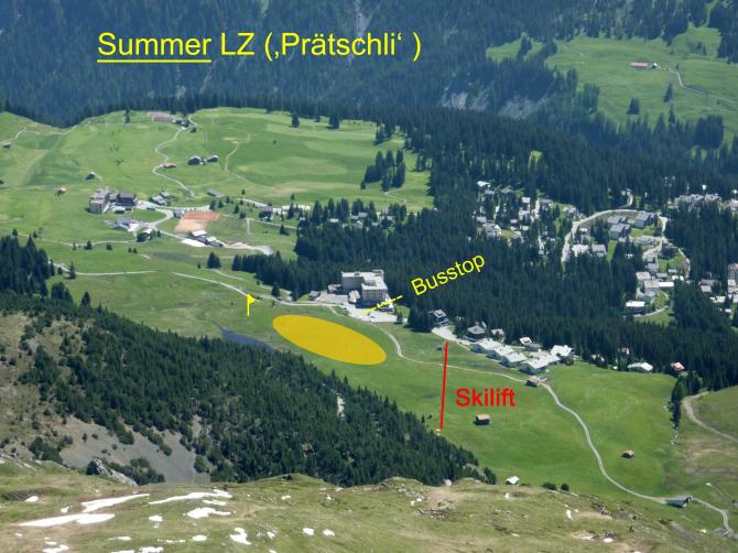 Sommer LZ:
Wind meist aus ONO.
Der Skilift stellt kein grosses Hindernis dar (tief).
Bus fährt um xx25/ xx55 (2010)