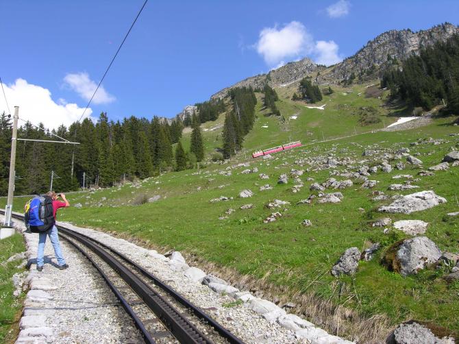 Blick zum Startplatz "Chrüterwand", der sich gerade oberhalb der Zugskomposition befindet (beim "Schnee-Ypsilon").