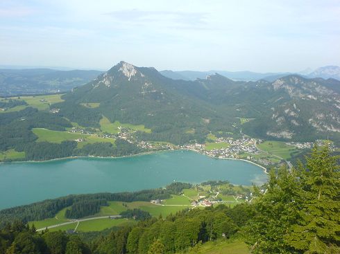 Blick vom Startplatz Richtung Fuschlsee. Am rechten Bildschirmrand die untere Wiese  ist die Landemöglichkeit mit Windsack.