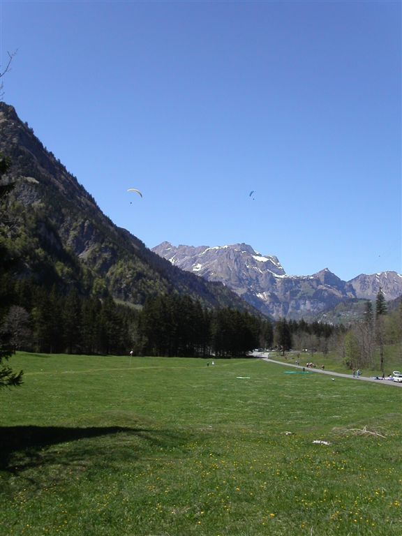 Landeplatz Herrenrüti (Fürenalp). Sicht Richtung Engelberg. Wind, Fussgänger und manchmal Kühe beachten.