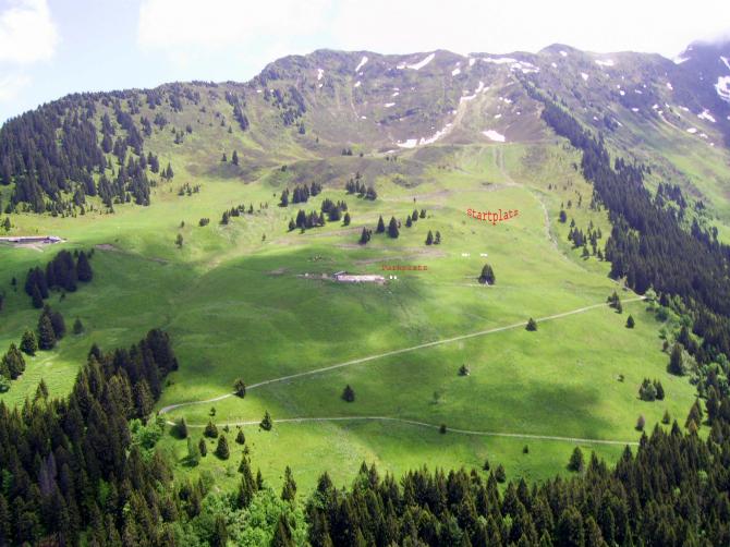 Flugperspektive zurück zum Startplatz. Neben dem Haus kann geparkt werden.